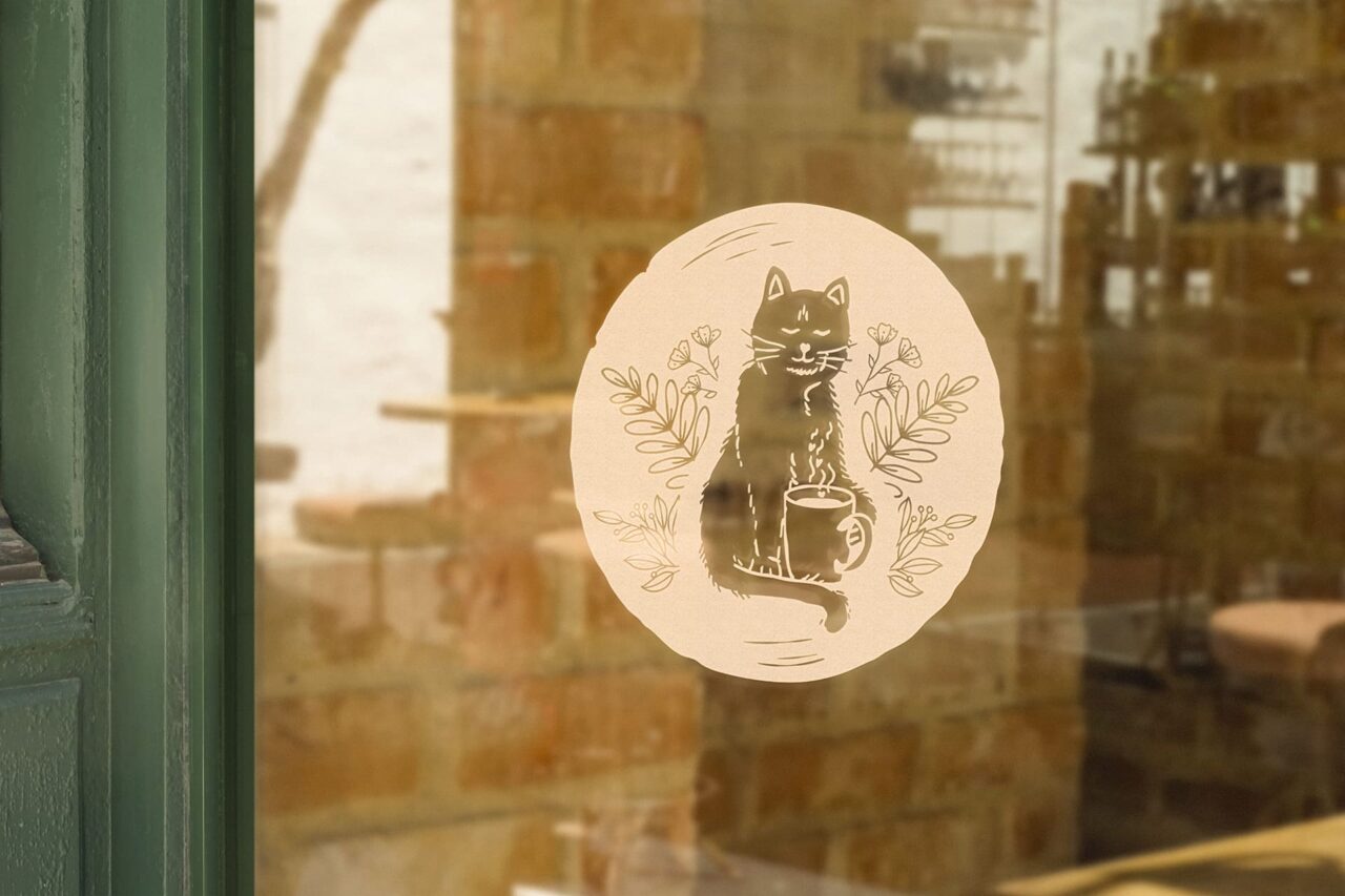 Logo Katzencafe auf Glasscheibe